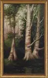 George McConnell, Lily Pads Amongst the Birches, Oil on canvas Maine scene shows tall birch trees lining the edge of a lily pad decorated pond