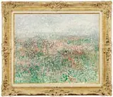 Gabor Peterdi, Norfolk X, Large oil on canvas impressionistic scene shows a colorful landscape using small paint strokes in shaped patterns