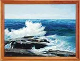 Frederick Judd Waugh, Power Released, Oil on canvas coastal scene shows waves crashing onto coastal rock ledge under a light blue sky