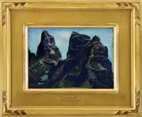 Eugene Savage, Mt, KALALEA-HAWAII. Oil on canvas Hawaiian scene shows large rock volcanic peaks with green vegetation below