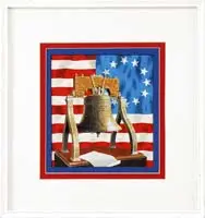 Centennial Tribute by Robert Geissman, Watercolor illustration of a tabletop bronze replica of the Liberty Bell set against a Colonial US Flag, offered Feb 2010