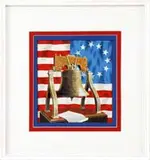 Robert Geissman, Centennial Tribute, Watercolor illustration of a tabletop bronze replica of the Liberty Bell set against a Colonial US Flag