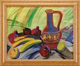 Martiros Saryan, Colorful Still Life, Watercolor scene shows several types of fruit including bananas, apples and lemon with colorful jug