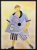 Nina Ayzenberg, Avant Garde Costume Sketch, Watercolor portrait of a boy with avant garde geometric striped outfit. Initial monogram lower left