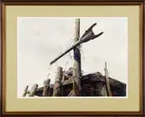 Joyce Williams, The Bowsprit, Fine watercolor scene shows a view from the water looking up at a dock with lashed bowsprit. A seagull flies above