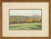 Connecticut Hills by Bernard Corey, Oil on unmounted canvas scene shows low hills with early fall colors having a pasture in foreground, offered Feb 2010