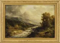 Thomas Bartholomew Bailey Griffin, River Cascades, Oil on canvas landscape scene shows a cascading river at bottom of hills under gray cloud sky