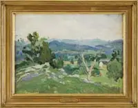 Frederick Lester Sexton, Summer Landscape, Oil on canvas board shows blue hills with green valley having barn and rock strewn hillside
