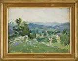 Frederick Lester Sexton, Summer Landscape, Oil on canvas board shows blue hills with green valley having barn and rock strewn hillside