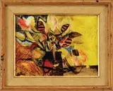 Beverly Hallam, Summer Bouquet, Mixed media including polyvinyl collage shows a vase with flowers against a sunlit background