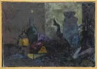 Evening Objects by Elsie Rubin, Oil on canvas still life scene shows various colorful items on a tabletop including coffee pot, bottle and more, offered Feb 2010