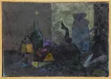 Elsie Rubin, Evening Objects, Oil on canvas still life scene shows various colorful items on a tabletop including coffee pot, bottle and more