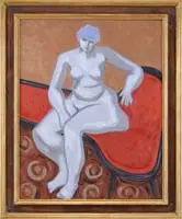 The Nude by Milton Avery, Oil on canvas interior scene shows a nude woman in colors of white and gray seated on a red and black sofa, offered Feb 2010