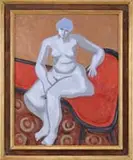Milton Avery, The Nude, Oil on canvas interior scene shows a nude woman in colors of white and gray seated on a red and black sofa