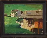 Richard Meryman, Peasant Houses, Late Afternoon, in Dalmation Alps, Oil on canvas mounted to board scene shows several houses in a green landscape