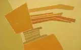 Lee Gatch Jr., Abstraction in Gold, Oil on board abstract scene shows geometric shapes in shades of gold against a yellow-gold background