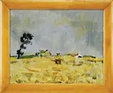 Marcel Dyf, Field Study, Impressionistic oil on canvas scene shows a horse drawn cart in a golden field with house & tree beyond