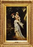 P. Duprez, The Courtship, Oil on canvas scene shows a well dressed couple in tender embrace under a large tree with rose bush