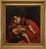 Unsigned, Madonna & Child, Oil on canvas mounted to wood panel shows a woman dressed in red and blue robe holding a young infant with eyes open