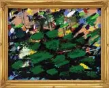 Suzanne Eisendieck, Lily Pond, Oil on canvas modernist view of a lily pond with large green leaf pads and colorful flowers