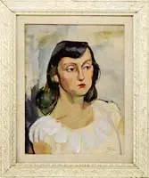 Ernest Thurn, Portrait of a Young Woman, Oil on board shoulder portrait shows a woman with black hair wearing a white dress