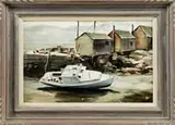 Steven York, Low Tide, Watercolor harbor scene shows low tide with a lobster boat on its side in front of three fishing shacks