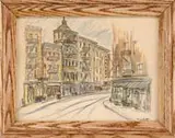 Anthony Thieme, New York, Crayon drawing of a street lined with tenement buildings