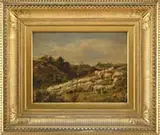 Mark Fisher, Landscape with Sheep, Oil on wood panel scene shows a flock of twelve sheep on rock, grass and bushy hillside under a blue and cloud sky