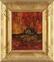 Forrest Clemenger Bess, Sailboats, Oil on board abstract scene shows several sailboats on the horizon line against a yellow and red mottled background