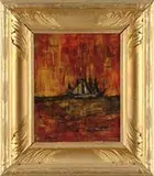 Forrest Clemenger Bess, Sailboats, Oil on board abstract scene shows several sailboats on the horizon line against a yellow and red mottled background