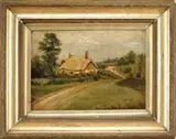 Unsigned, Country Cottage, Oil on canvas landscape scene shows a dirt road winding alongside a thatched roof cottage with trees and grass