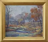 John F. Berninger, Fall Landscape with River, Oil on board scene shows a river cascading over rocks beside a hillside dotted with trees in fall foliage