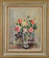 Nan Greacen, Roses in a Glass Vase, Oil on board table top still life scene shows a footed glass vase holding yellow, pink and red roses with green leaves