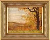 Fall Landscape by Nelson Augustus Moore, Small oil on canvas scene shows a large tree in colorful gold and orange foliage looking out over colorful lowlands, offered May 2006