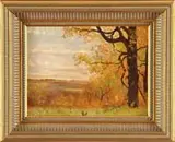Nelson Augustus Moore, Fall Landscape, Small oil on canvas scene shows a large tree in colorful gold and orange foliage looking out over colorful lowlands