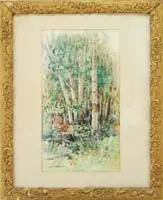 Mary Mason Brooks, The Birch Trees, Spring watercolor landscape scene shows tall birches amongst low grasses, ferns and brush