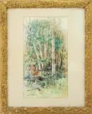 Mary Mason Brooks, The Birch Trees, Spring watercolor landscape scene shows tall birches amongst low grasses, ferns and brush