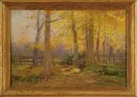 Daniel Kotz, Indian Summer, Oil on canvas fall scene shows a dirt path in bright yellow colored woods with fence and colorful sky