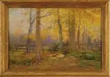 Daniel Kotz, Indian Summer, Oil on canvas fall scene shows a dirt path in bright yellow colored woods with fence and colorful sky