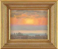 Sunset Over Cityscape by Nelson Augustus Moore, Colorful oil on canvas scene shows a bright sunset in yellow, gold, pink and blue over a silhouetted cityscape, offered May 2006