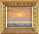 Nelson Augustus Moore, Sunset Over Cityscape, Colorful oil on canvas scene shows a bright sunset in yellow, gold, pink and blue over a silhouetted cityscape