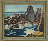 Thomas Nadeau, North Shore Coastline, Oil on board scene shows waves crashing into inlet in ragged rocks
