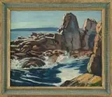 Thomas Nadeau, North Shore Coastline, Oil on board scene shows waves crashing into inlet in ragged rocks