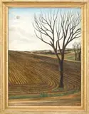 Jean Ève, La Terre Au Moment Du Labour, Oil on canvas surrealistic scene shows a bare tree at the end of a cultivated field under a cloud and blue sky