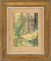 William Barnett, Forest, Pastel crayon on paper abstract scene in colors of black, green, yellow and blue