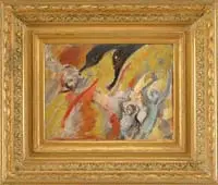 Fleeing the Flames by Andre Dunoyer de Segonziac, Oil on wood panel scene appears to show two figures running from yellow and red flames with black smoke, offered May 2006