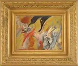 Andre Dunoyer de Segonziac, Fleeing the Flames, Oil on wood panel scene appears to show two figures running from yellow and red flames with black smoke