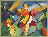Grace Martin Taylor, Colorful Abstract, Oil on canvas scene shows a figure in colors of green, red, gold and blue. Scene may depict a golfer