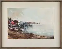 J.M. Rogers, Quiet Cove, Watercolor scene shows a wharf with colorful fishing shacks, beach and sailboat