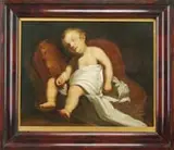 Horace Bundy, Sleeping Child, Oil on canvas interior scene shows a young child wrapped in white sheet asleep in a small cushioned bed